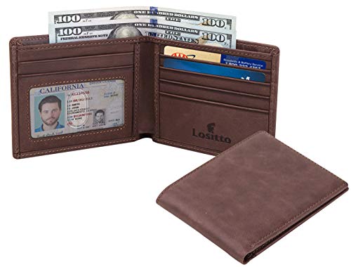 Lositto RFID Blocking Genuine Leather Wallet for Men-Excellent as Travel Bifold (Chocolate brown-Crazy horse leather)