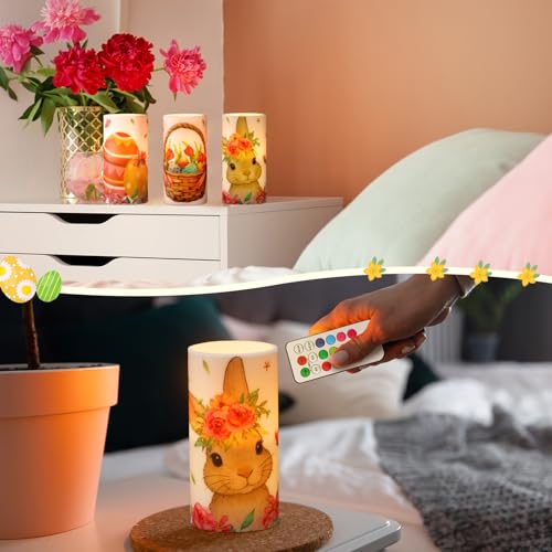 Image of Retisee 3 Pcs Colorful Easter Flameless LED Candles Battery Operated Bunny Spring Flickering Pillar Candles with Remote Pastel Easter Decoration Centerpiece for Bedroom Living Room Dinner Table Decor