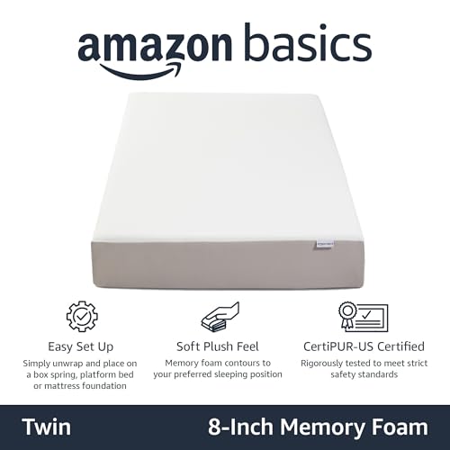 Image of Amazon Basics Memory Foam Mattress, Soft Plush Feel, Breathable, Contours to Body, 8 Inch, Twin, White /Grey