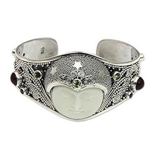 NOVICA Artisan Handmade Peridot Carnelian Cuff Bracelet with Gemstones Bone Silver Sterling Blue Topaz Multigem ‘Moon Queen’