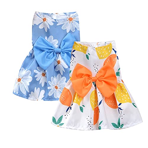 Dafuen Dog Bowknot Dress 2 Pack Hawaiian Daisy Puppy Dresses For Small Medium Dogs Girl Dog Clothes Outfit Apparel Cute Summer Cat Clothing For Chihuahua Yorkie (X-Small, Orange+Blue) #TOP27