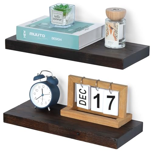 Image of Marsmiles Wood Floating Shelves | Rustic Dark Wood Wall Shelves Set of 2 | 16 inch W x 6.7 inch D Wooden Floating Shelves for Bathroom Kitchen Living Room Bedroom
