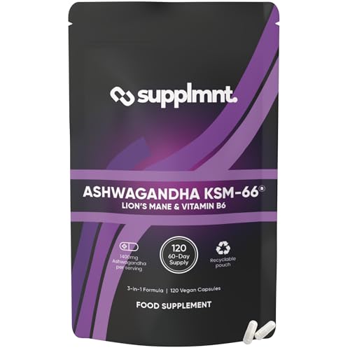 Supplmnt. Ashwagandha Hochdosiert 2000mg mit KSM-66, Lions Mane, Vitamin B6, 120 Kapseln, 2 Monate Vorrat, 3 in 1 Formel, Stressabbau und Immunsystemunterstützung