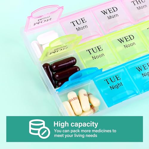 Image of Large Weekly Pill Organizer 3X A Day, Moisture-Proof 7 Day Pill Box | Travel pill cases portable for pills, vitamins, fish oil, and supplements. Medicine organizer for daily use.