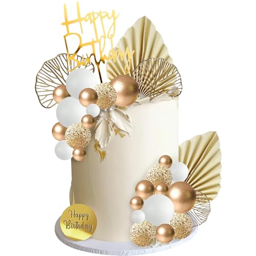 Decoration Gateau Anniversaire 29 Pièces Boule Décoration Gateau Anniversaire Or/Blanc Topper Gateau Happy Birthday Deco pour Mariage, Fête de Jardin,...