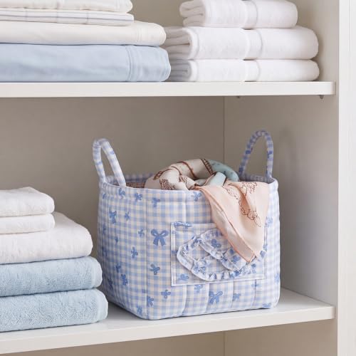 Image of Quilted Fabric Basket Foldable Car Storage Boho Floral Laundry Basket Hamper for Nursery Bedroom & Living Room | Organize Clothes Toys (Bow)