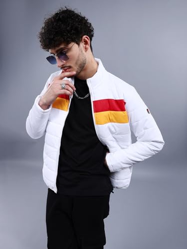 Image of The Indian Garage Co White Regular Fit Colourblocked Puffer Jacket
