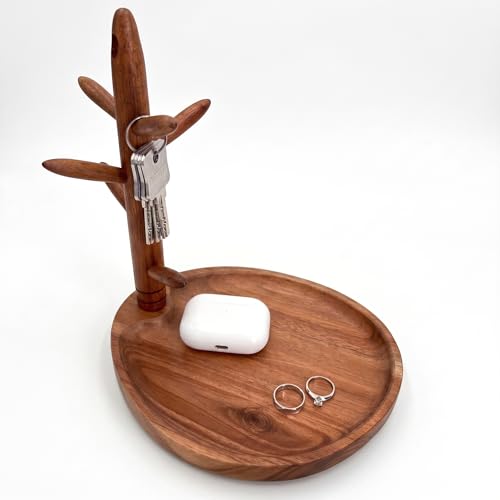 LEASUR Solid Acacia Key Tray for Entryway Table, Key Holder with 5 Hooks and Catchall Tray, Organizer for Wallet, Watch, Jewelry, Dresser Nightstand Room Decor Gift