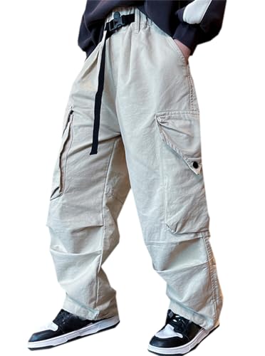SANGTREE Boy's Baggy Cargo Pants Elastic Waist Multi Pocket Casual Outdoor Trousers, 4-14 Years