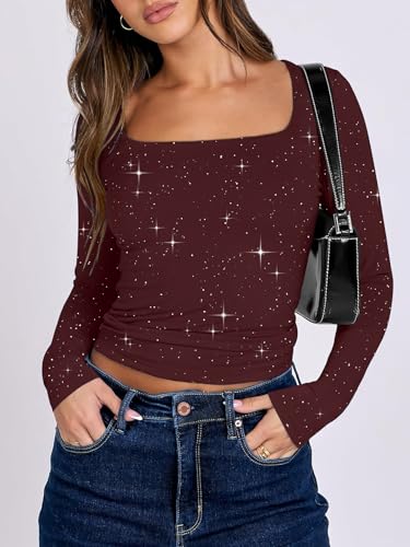 YUTILA Camiseta de manga larga con purpurina para mujer, cuello cuadrado, corte ajustado, camiseta elástica para fiestas, rojo, M