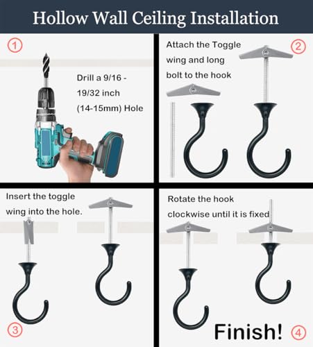 Image of Heavy Duty Ceiling Hooks for Hanging Plants 4 Pack (Black) | Holds 30 lbs on wood & concrete, 20 lbs on drywall; 2.4 inch rustproof swag hook for string lights, lanterns & patio use