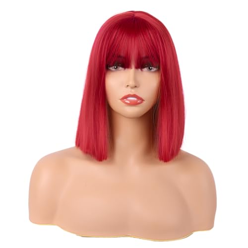 MapofBeauty 12 Inch Straight Bob Flat Bangs Short Cosplay Wig (Bright Red)