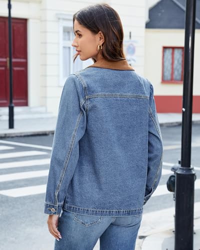 luvamia Jean Jacket Women Trendy Button Down Contrast Corduroy Collar Casual Loose Fit Denim Barn Jackets with Pockets3