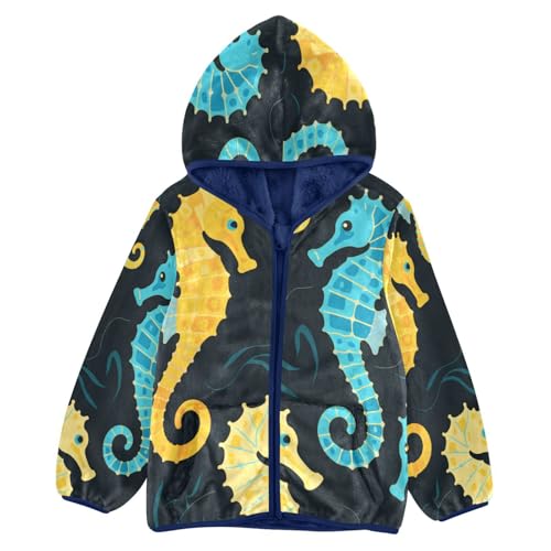 Seahorse Pattern Print Toddler Fleece Jacket Girl Boys Hooded Fleece Jacket Coat Warm Outwear Zip-up 3-10T