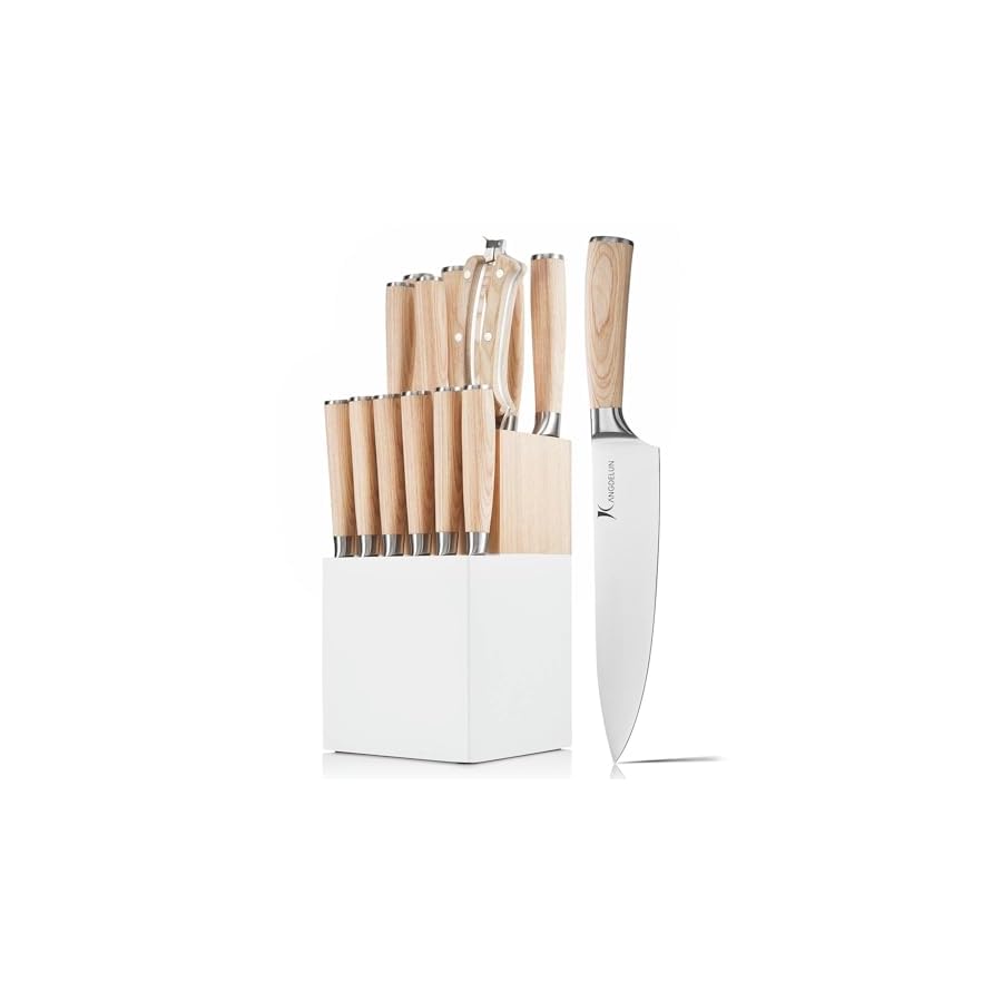 Kangdelun 14 PCS White Block Knife Set, Ultra Sharp High Carbon Stainless Steel, Wood Handle