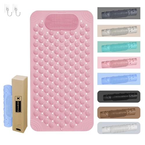 Image of Charge -X Anti Slip Bath Mat with Foot Scrubber for Bathroom | 2-in-1 Silicone Shower Mat with Suction Cups & Drainage Holes | Deep Cleaning Foot Scrubber Massage Mat (70 x 35 cm) Pink