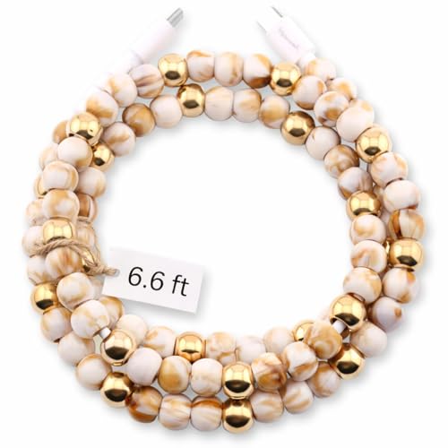 Image of Stylish Beaded Phone Charger Cable Colors USB Charging Cord for Smartphones (USB C to USB C, Marble & Gold, 6.6ft)