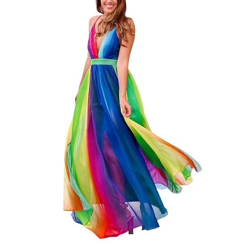 Sommerkleid Damen Lang, Trägerkleid Damen Sommer Bunt Boho Kleid Sexy Strandkleid Luftig Maxikleid Große Größen Chiffonkleid Tiefer V-Ausschnitt...