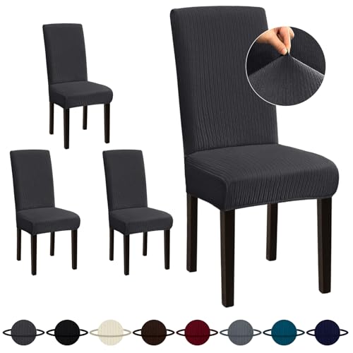 Sufdari Dining Room Chair Covers Set of 4, Dark Gray Non-Slip Spandex Kitchen Parsons Slipcovers for Dining Chairs, Hotel (Large)