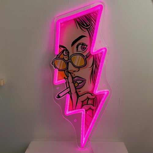Image of Pop Art Girl Neon Sign - USB LED Lightning Bolt Shaped Night Light, Comics Style Lady with Glasses Wall Decor, Pink Hanging Lamp for Teen Girls Bedroom, Bar, Game Room, Coffee Shop, Birthday Gift (lighting)