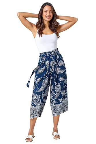 Roman Originals Culotte Trousers for Women UK - Ladies Wide Leg Cropped Pants Tie Detail Bottoms Vintage Retro Smart Flared Slimming High Waist 1940s Party Regular - Navy & White - Size 16