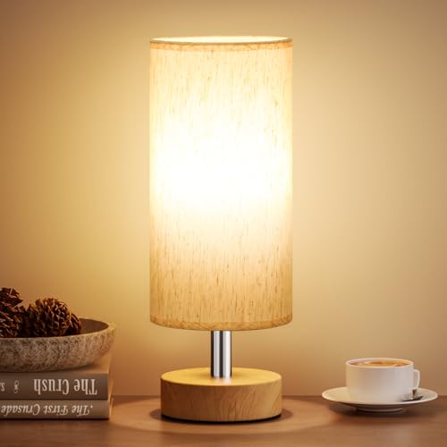 Image of Table Lamp for Bedroom(Cream Shade - Wood Base, 11.6 inch Inline Control) | Bulb not Included | Minimalist Desk Lamp | Linen Fabric Shade | for Living Room | for Dorm