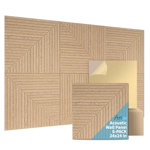 Art3d 6-Pack Self-Adhesive Acoustic Wall Panels for Home Décor, 24 x 24 Inch Soundproofing Panels for Office Studio Bedroom - High Noise Absorption Polyester Fiber, Wood Grain Airbrush