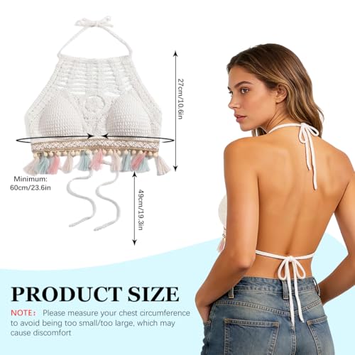 Image of PALAY Women's Summer Beach Backless Crochet Halter Bikini Crop Top Crochet Hollow Out Tassle Embroidery Knit Boho Beachwear
