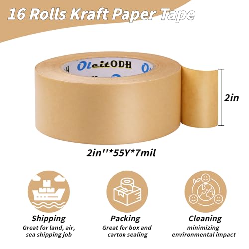 Image of Oleitodh 16 Pack Brown Paper Packing Tape, Kraft Paper Tape Bulk 2 inch x 55 Yardx 7 mil Gummed Tape for Marking, Sealing Box, Masking, Shipping, Strong Adhesive Easy-to-Tear Waterproof Tape
