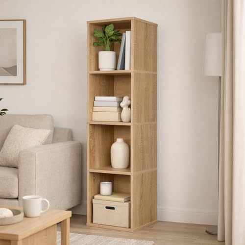 Image of 4 Cube Storage Organizer Wooden Bookshelf, 4 Cube Shelf Bookcase, Small Bookshelf Storage Organizer, 4 Cube Storage Shelf for Bedroom, Small Bookshelf for Living Room and Office (Natural)