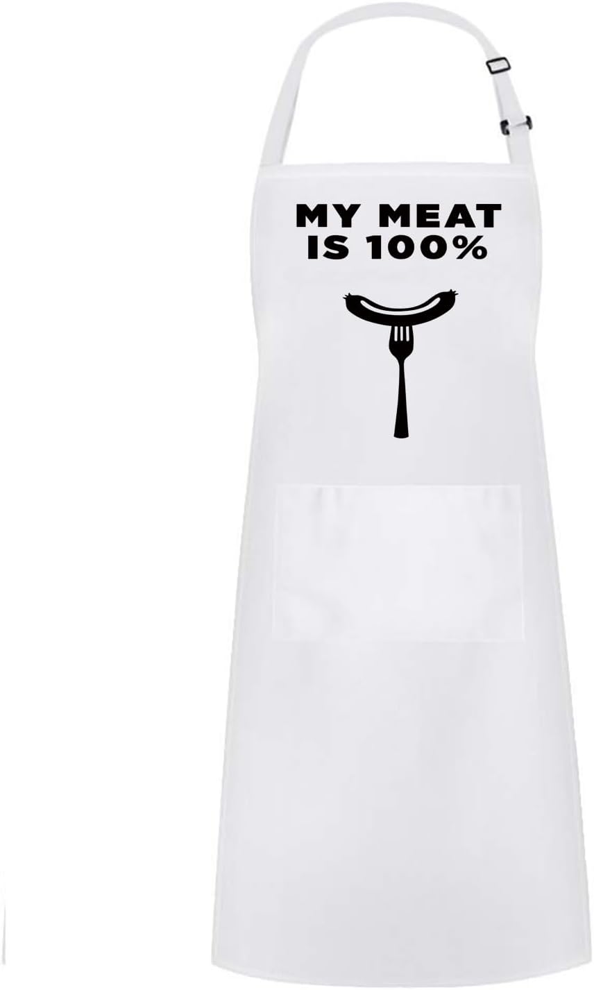 Hyzrz Funny Adjustable Aprons Baker Costume with Pocket Cook Grill BBQ Chef Apron Gifts for Fathers Mothers Day Birthday (My Meat is 100%, White)