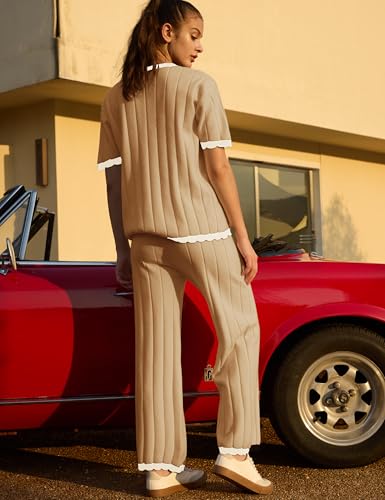 Image of Lumister Two Piece Sets for Women Sweater Sets Short Sleeve Knit Pullover Tops Wide Leg Pants Lounge Sets