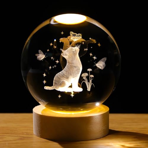 Arikyrist 3D Crystal Cat Figurine With Wooden LED Light Base, 80Mm Crystal Ball Decor,...