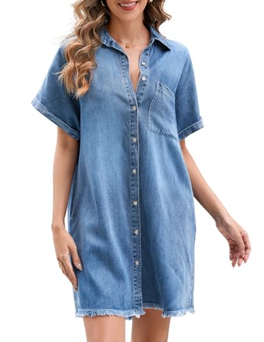 Summer Denim Dress for Women Short Sleeve Button Down Casual Western Jean Dresses