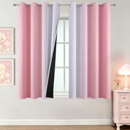 Image of Estelar Textiler Pink and Greyish White Ombre Blackout Curtains 54 Inch Long for Kids Bedroom, Room Darkening Thermal Insulated Grommet Gradient Window Drapes for Living Room /Nursery, 52Wx54L,2 Panels