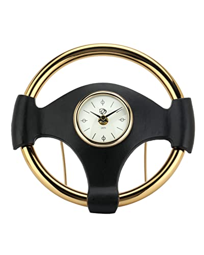 Image of Decor de Maison Brings Handcrafted Wheel Steel Table Clock for Home, Room, Office, Shelves | Classic Non-Ticking Tabletop Battery Operated Analog Desk Clock in Gold Ring & Black Body (26x3x3cm)