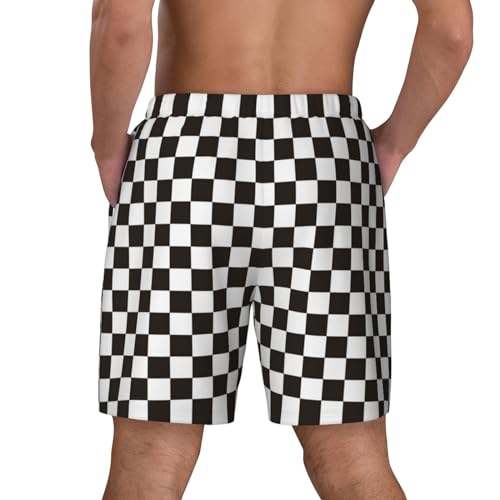 Black and White Checkerboard Mens Swim Trunks Swim Shorts Swimming Trunks with Pockets-4