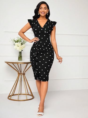 Image of Yajedo Women's Summer Bodycon Midi Dress Print Ruffled Sleeves V Neck Ruched Cocktail Pencil Dress