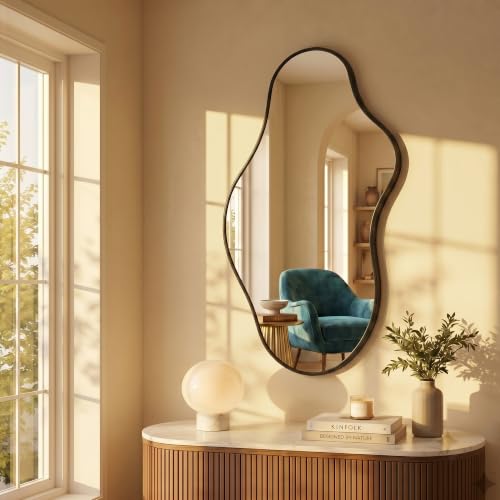 Image of Dorlicecass Bathroom Mirrors for Over Sink - Long Wall Mirrors Decorative 24 inchx 43 inch Asymmetrical Abstract Aviation Aluminum Alloy Frame Unique for Bedroom, Living Room, Cloakroom, Entryway Black