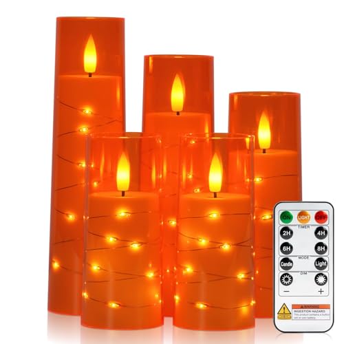 Image of Raycare Flameless Candle with Remote Timer - 5 Flickering Acrylic Battery Operated LED Pillar Candles with Embedded Star String for Halloween, Home Decor, and as a Gift(Orange)