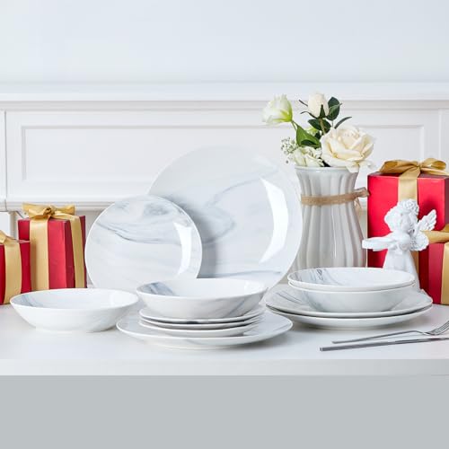 Image of Bestone 12-Piece Round Kitchen Dinnerware Set, Plates, Bowls, Service for 4, Blue and White Marble