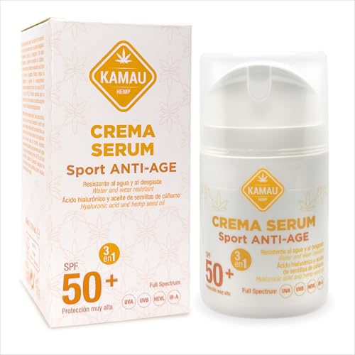 Crème Sérum Anti-Âge SPF 50+ Kamau 50 ml - Protection Solaire Sportive, Résistante à l'Eau, Hydratante avec Acide Hyaluronique et Huile de Graines de Chanvre, Anti-Rides et Antioxydante.
