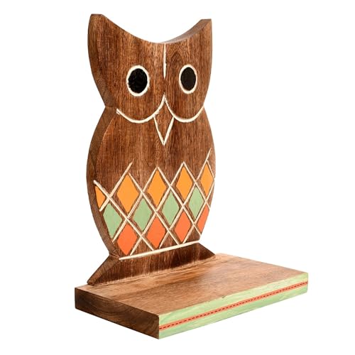 Image of AAKRITI ART CREATIONS Owl Wall Decor Shelf with 2 Pots Handcrafted in Wood | Warli Art Wooden Hanging Shelf with Vases | Matte Finish Decorative Wall Art for Living Room, Entryway & Gifting