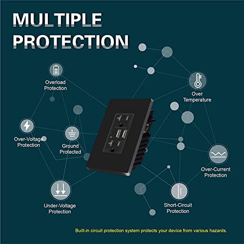 Topeler 6.0A Black Usb Wall Outlet Charger, 20A Duplex Tamper-Resistant Receptacles, Charging Power Outlet With 3 Usb Ports, Electrical Socket With Usb C Port, Ul Listed #TOP3