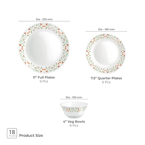 Image of Treo by Milton Opalware Aurelia Meena Dinner Set of 18 | Serving for 6 | Microwave & Dishwasher Safe | Bone-Ash Free | Tempered Toughness | Plates & Bowls | Crockery Set for Dining & Gifting