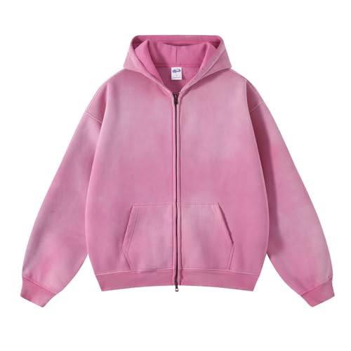 Sweat à capuche zippé surdimensionné Y2K en polaire rose taille L