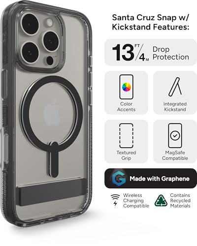 Image of ZAGG Santa Cruz Snap with Kickstand Case for iPhone 16 Pro - MagSafe Compatible, 13ft Military-Grade Drop Protection, Reinforced with Graphene, Slim Clear Case with Vibrant Color Accents, Black