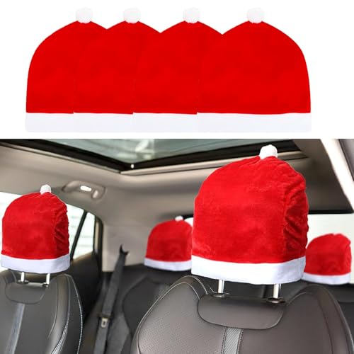 Mcvcoyh 4Pack Christmas Car Seat Headrest Covers Santa Claus Hat Up Car Seat Headrest Interior Soft Xmas Car Accessories
