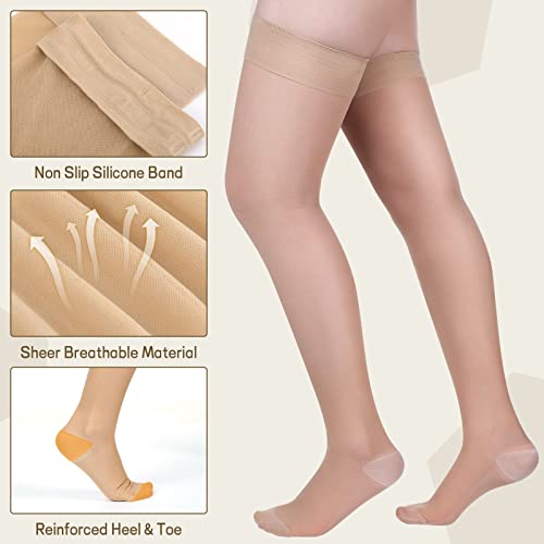 3 Pairs Thigh High Sheer Compression Socks 20-30 Mmhg Sheer Compression Stockings With Silicone Top For Women Ladies (Large) #TOP2