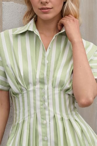Image of calbatic Women Button Down Pleated Shirt Dress Striped Flowy Short Sleeve Mini Dress Summer Casual Business Outfits